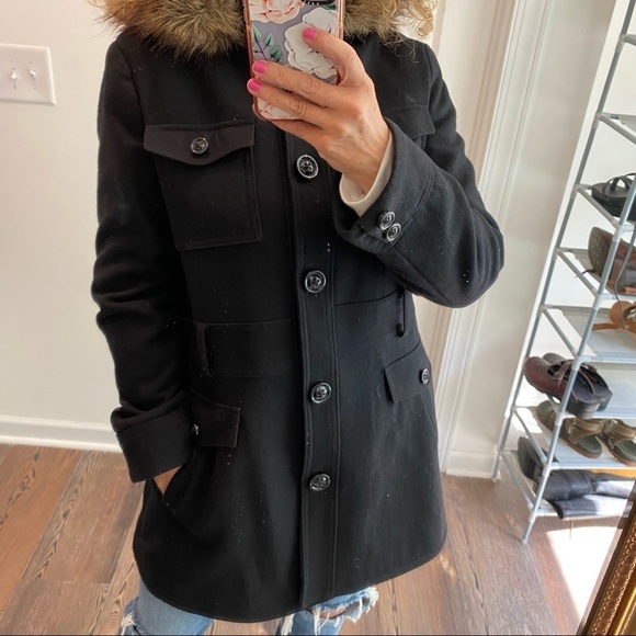 Esprit Jackets & Blazers - Espirit wool blend black faux fur trim hoodie size large